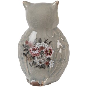 Clayre & Eef Decoratieve Uil Keramiek Beeldje Grijs Roze 11x10x17 cm Landelijke Stijl