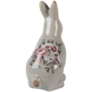 Clayre & Eef Decoratief Konijn Keramiek Grijs Roze 13x10x21 cm Landelijke Stijl Vintage
