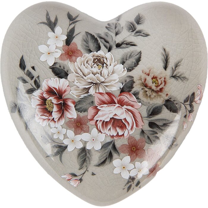 Clayre & Eef Decoratief Hart Keramiek Grijs Roze 11x11x4 cm Landelijke Stijl