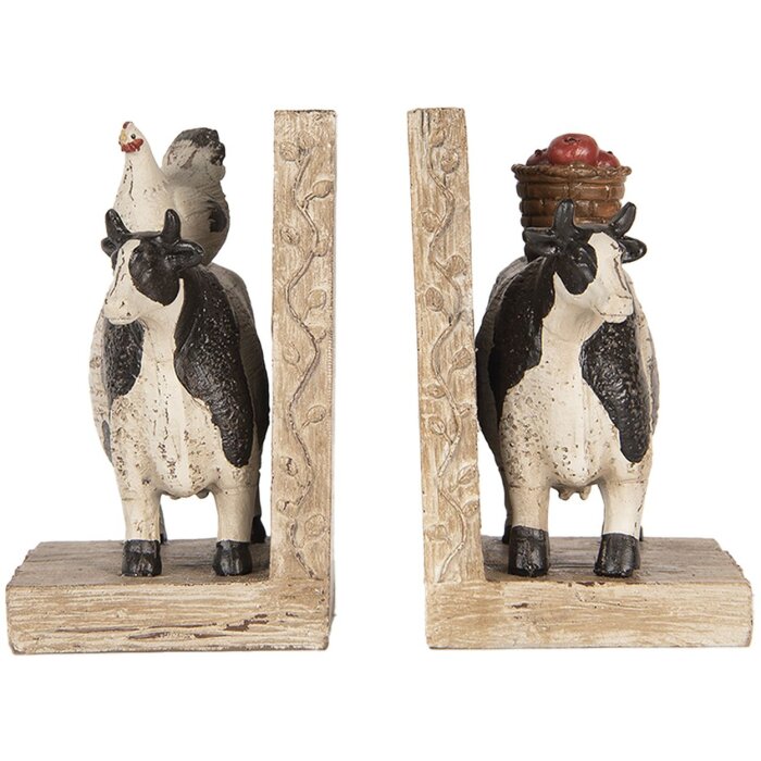 Clayre & Eef boekensteunen set koeien landelijke stijl bruin zwart 2-delig polyresin