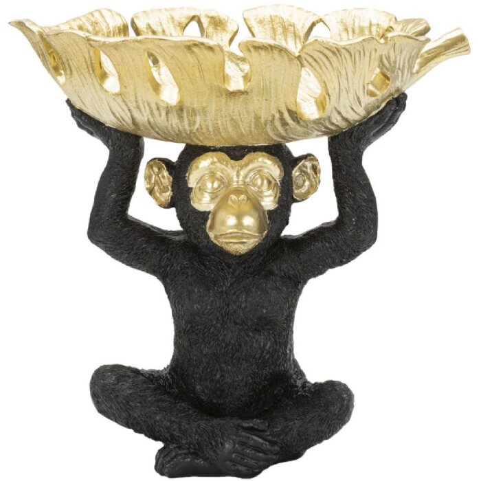 Mauro Ferretti decoratief beeldje aap met blad kom 25,2x21x24 cm zwart goud