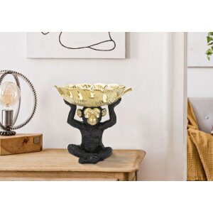Mauro Ferretti decoratief beeldje aap met blad kom 25,2x21x24 cm zwart goud