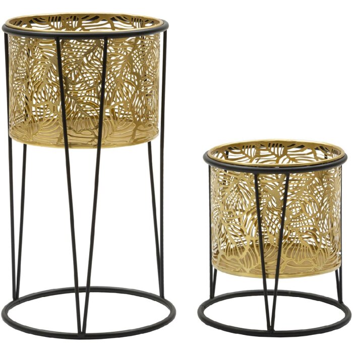Mauro Ferretti Leavy bloemenstandaard set van 2 Ø 21x40 en 19x22 cm goud zwart