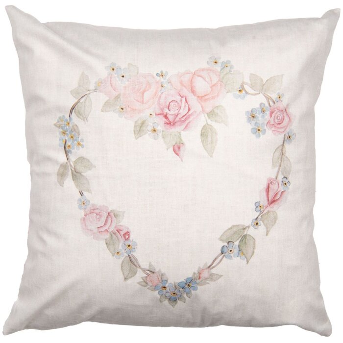 Clayre & Eef kussenhoes 45x45 cm Beige met roze hart bloem motief