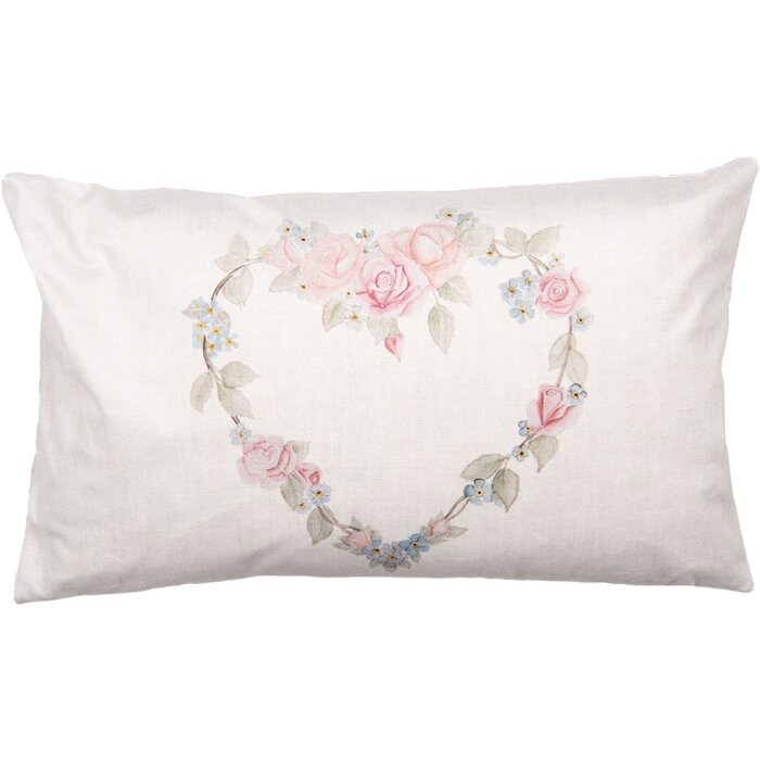 Clayre & Eef SLF36 Kussenhoes 30x50 cm Beige Roze Hart Landelijke Stijl