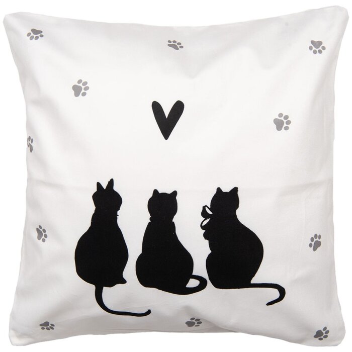 Clayre & Eef kussenhoes kat motief 45x45 cm wit zwart landelijke stijl