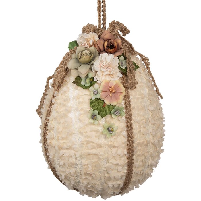 Clayre & Eef Hangdecoratie Ei Beige Ø 20x29 cm met bloemen en jute lint
