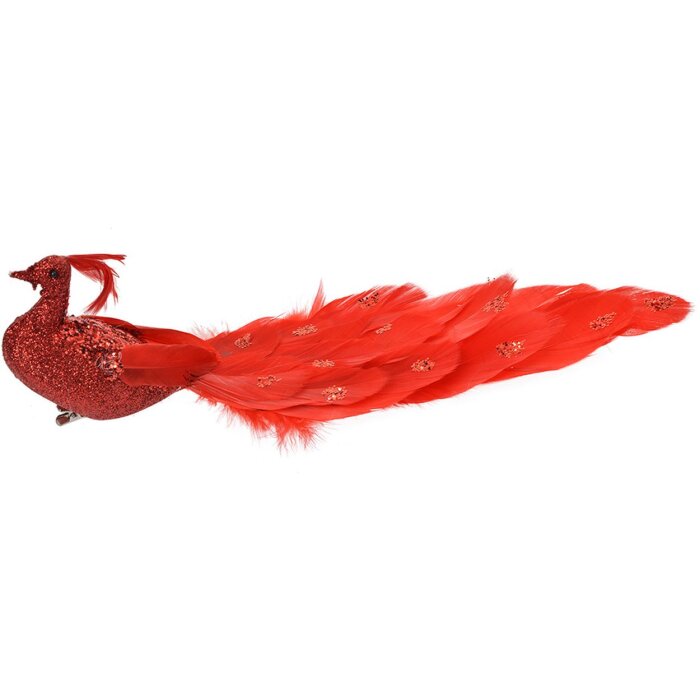 Clayre & Eef Decoratieve Vogel Rood 30x9x9 cm met Clip Plastic Kerstmis