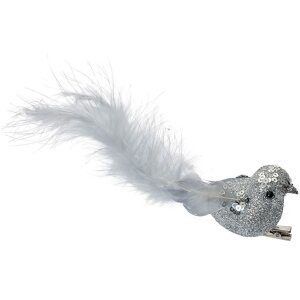 Clayre & Eef 66137 Decoratieve vogelset 3 zilver met veren 12x3x4 cm Clip