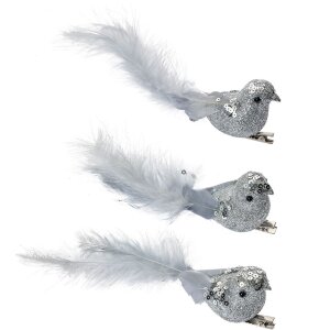 Clayre & Eef 66137 Decoratieve vogelset 3 zilver met veren 12x3x4 cm Clip