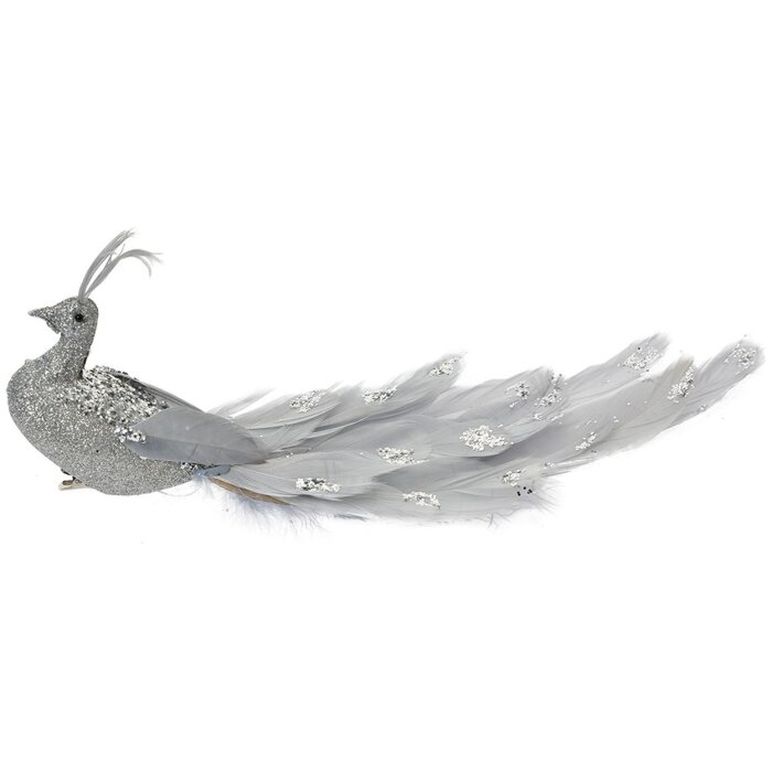 Clayre & Eef decoratieve vogel zilver glitter 30x9x9 cm met veren en clip