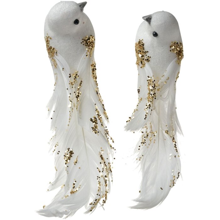 Clayre & Eef Decoratieve Vogel Set van 2 Witgoud 15x8x5 cm Plastic Glitter