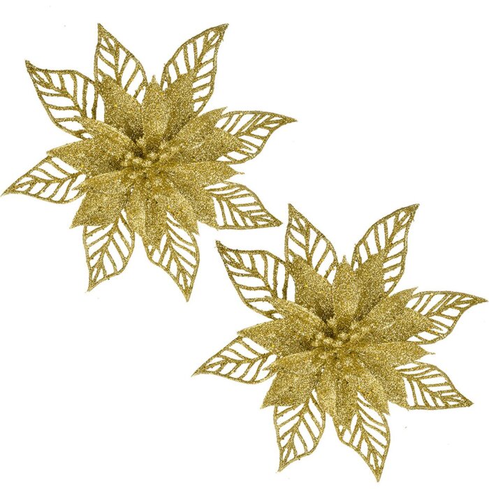 Clayre & Eef kerstdecoratie bloem goud Ø15cm set van 2 plastic glitter