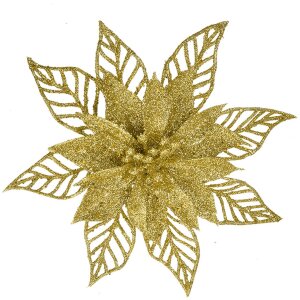 Clayre & Eef kerstdecoratie bloem goud Ø15cm set van 2 plastic glitter