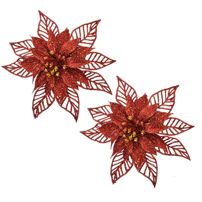 Clayre & Eef Kerstbloemen Set 2st Rood Ø15x2cm Plastic Glitter Decoratie