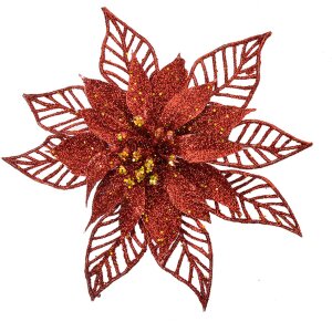 Clayre & Eef Kerstbloemen Set 2st Rood Ø15x2cm Plastic Glitter Decoratie
