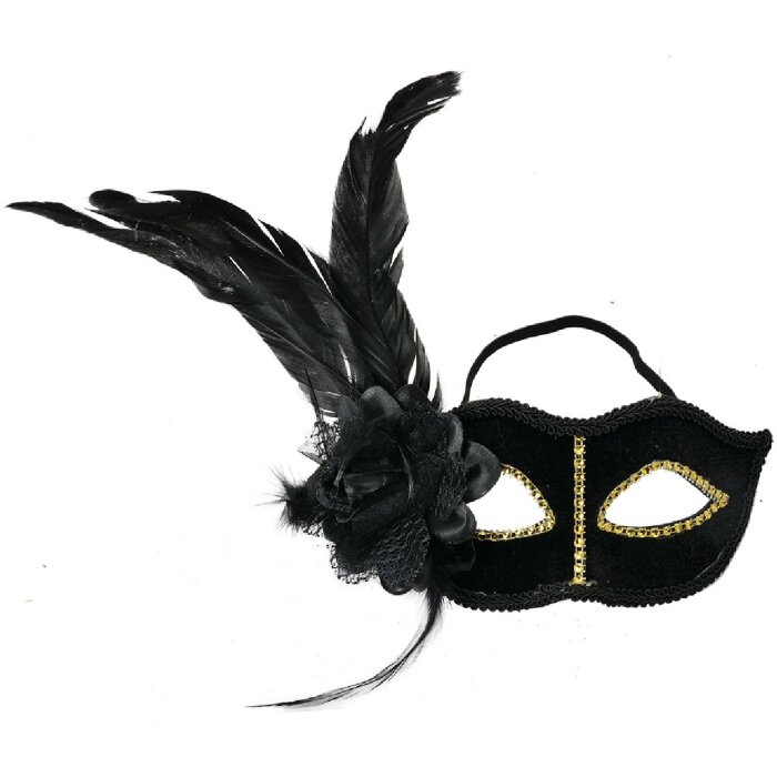 Clayre & Eef 66189 Masker Zwart Goud 22x9x21 cm Polyester met veren