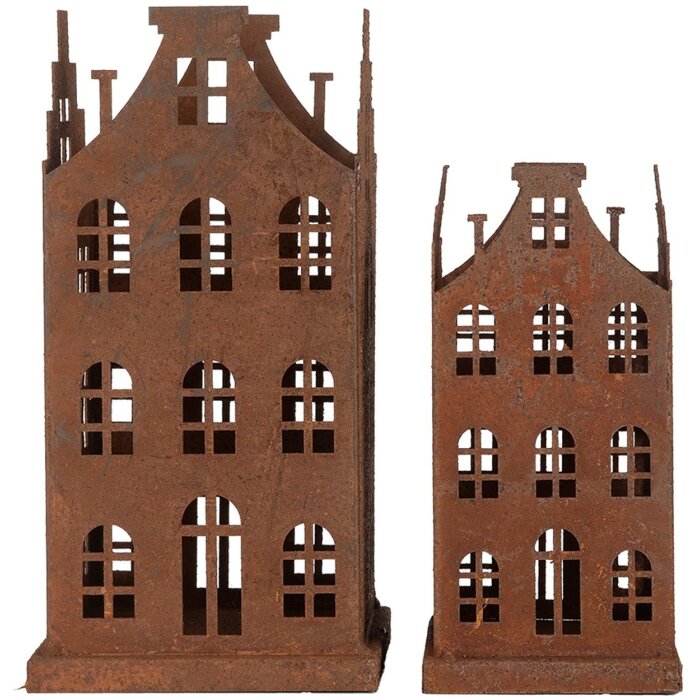 Clayre & Eef 6Y5775 Decoratie Huis Set van 2 Metalen Bruin Landelijke Stijl 11x11x21cm