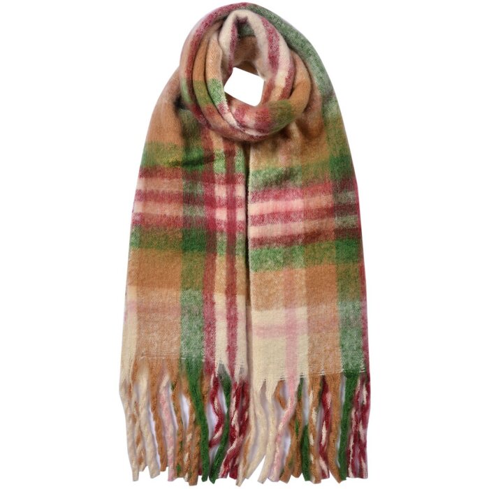 Juleeze JZSC0820GR Sjaal Groen Bruin Roze Ruit 35x212 cm Franjes Dames