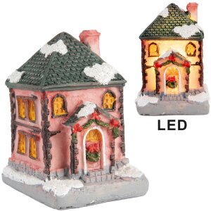 Clayre & Eef 6PR5734 Decoratie Huisje met LED Roze Grijs 4x5x6 cm
