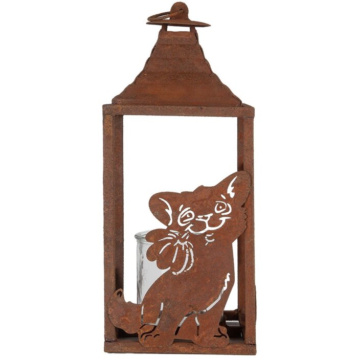 Clayre & Eef 6Y5776 Lantaarn 15x15x37 cm Bruin Metalen Kat Motief Antieke Stijl