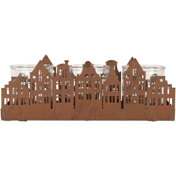 Clayre & Eef 6Y5783 Theelichthouder Huizen Bruin 30x9x11 cm Landelijke stijl