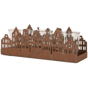 Clayre & Eef 6Y5783 Theelichthouder Huizen Bruin 30x9x11 cm Landelijke stijl