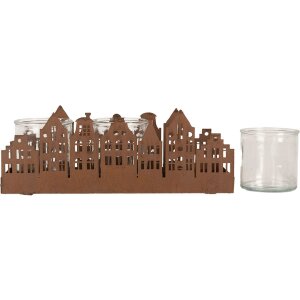 Clayre & Eef 6Y5783 Theelichthouder Huizen Bruin 30x9x11 cm Landelijke stijl