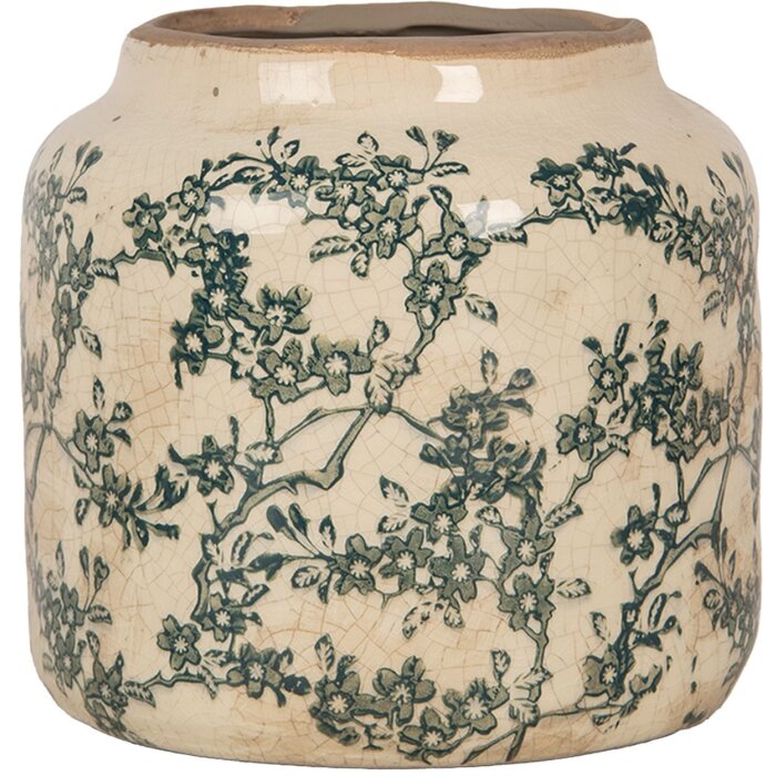 Clayre & Eef Bloempot Beige-Groen Ø16x15cm Keramiek Landelijke Stijl Vintage