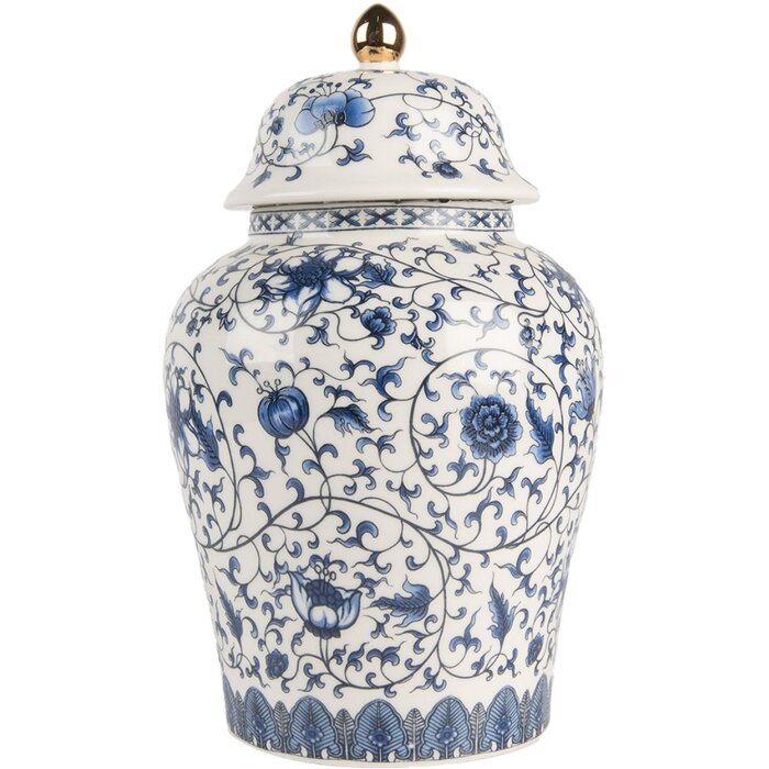 Clayre & Eef 6CE2136 Decoratieve pot met deksel Wit-Blauw Ø 12x21 cm