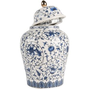 Clayre & Eef 6CE2136 Decoratieve pot met deksel Wit-Blauw Ø 12x21 cm