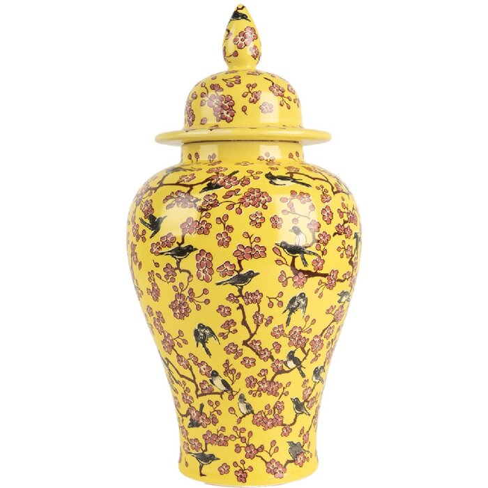 Clayre & Eef 6CE2140 Decoratieve pot met deksel Gele kersenbloesem Ø11x22 cm