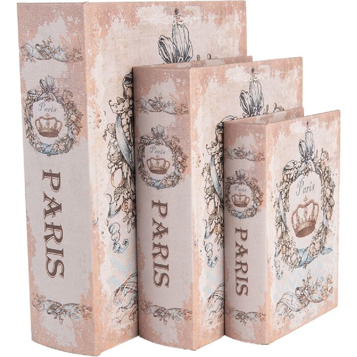 Clayre & Eef Opbergdozen Parijs Set van 3 Beige Blauw Vintage Boeken
