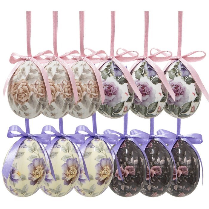 Clayre & Eef 65903 Decoratie hanger eierset 12 Ø 4x5 cm pastelkleuren vintage stijl