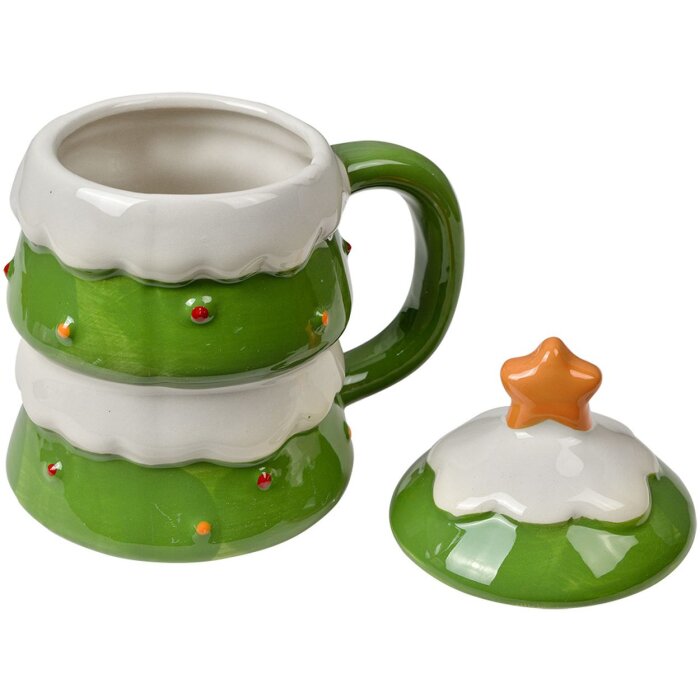 Keramie kopje kerstboom design 350ml met deksel ster top