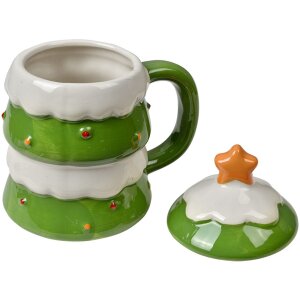 Keramie kopje kerstboom design 350ml met deksel ster top