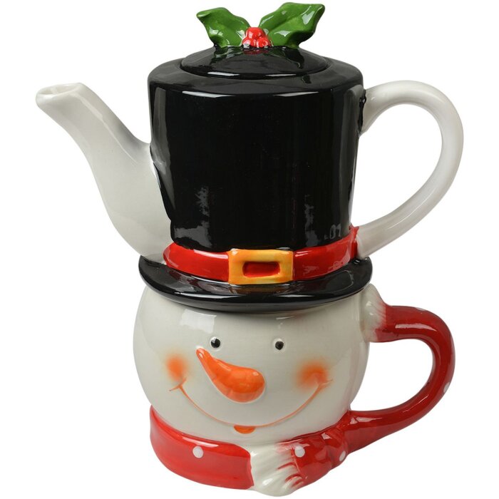 Clayre & Eef Tea for One Sneeuwman Theepot Keramiek Wit Rood 525ml