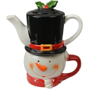 Clayre & Eef Tea for One Sneeuwman Theepot Keramiek Wit Rood 525ml