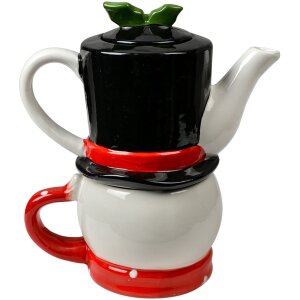 Clayre & Eef Tea for One Sneeuwman Theepot Keramiek Wit Rood 525ml