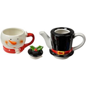 Clayre & Eef Tea for One Sneeuwman Theepot Keramiek Wit Rood 525ml