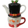 Clayre & Eef Tea for One Sneeuwman Theepot Keramiek Wit Rood 525ml