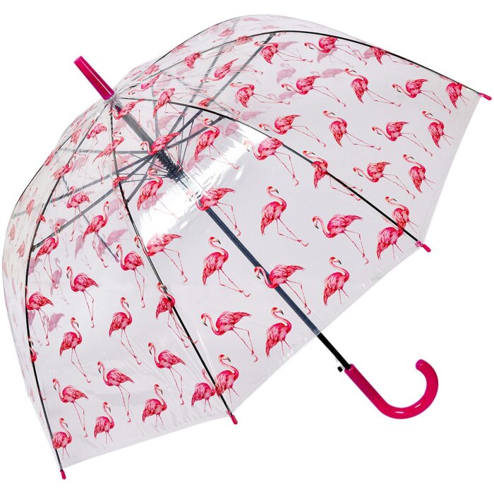 Juleeze JZUM0092 Paraplu transparant flamingo design 90cm robuust roze steel