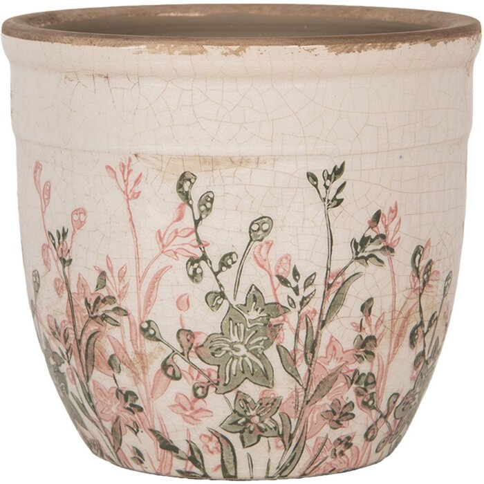 Clayre & Eef 6CE1974S Decoratie Bloempot Beige Roze Groen Ø 13x11 cm