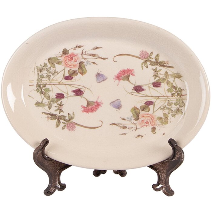 Clayre & Eef 6CE2030 Decoratiebord Beige Roze 25x18 cm Vintage Keramiek