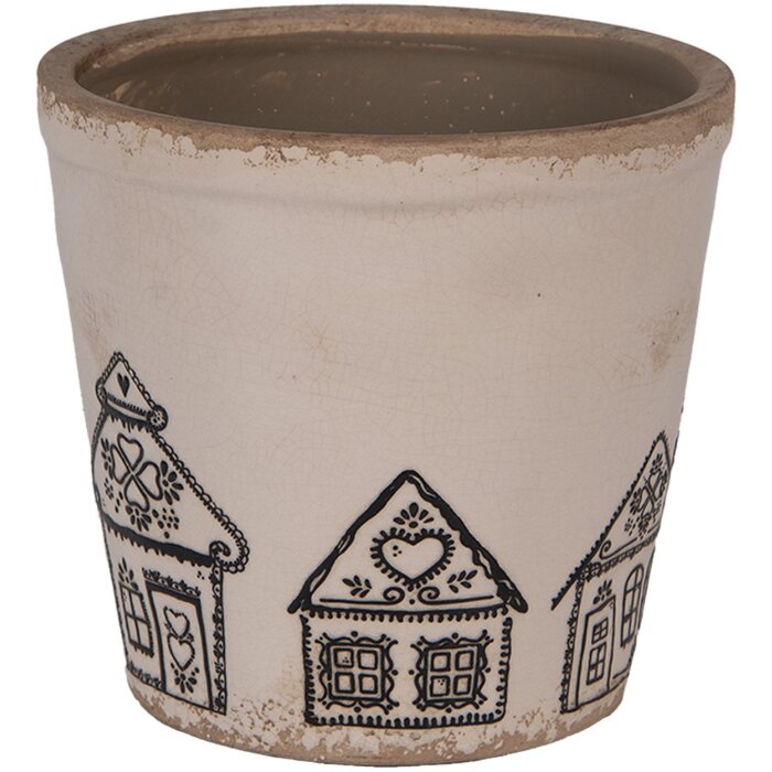 Clayre & Eef 6CE2123M Decoratie Bloempot Keramiek Beige Zwart Ø 15x14 cm