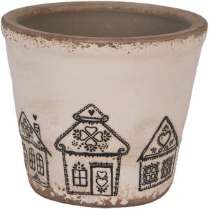 Clayre & Eef 6CE2123S Bloempot keramiek landelijke stijl beige zwart Ø 12x11 cm