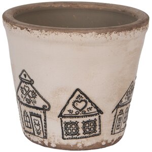 Clayre & Eef 6CE2123S Bloempot keramiek landelijke stijl beige zwart Ø 12x11 cm