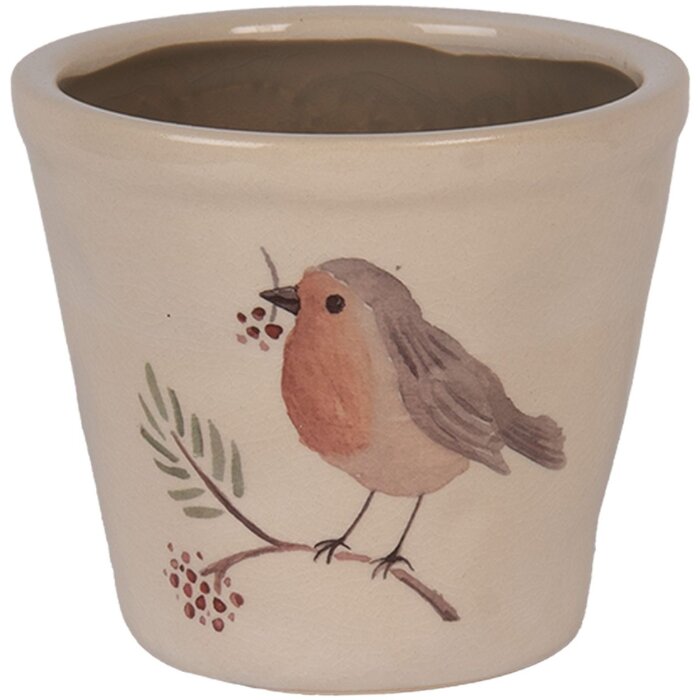 Clayre & Eef 6CEVGP0001S Bloempot Landelijke Stijl Vogelmotief Beige Ø12x11 cm