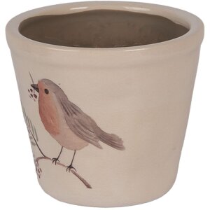 Clayre & Eef 6CEVGP0001S Bloempot Landelijke Stijl Vogelmotief Beige Ø12x11 cm