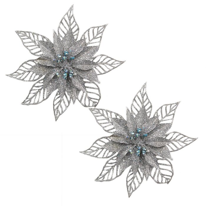 Clayre & Eef Kerstdecoratie Bloem 2-delig Zilver Ø15cm